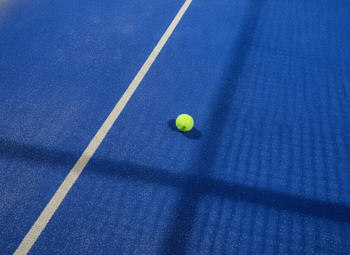 Detalle macro del pasto azul de la cancha con una pelota de pádel y la línea blanca